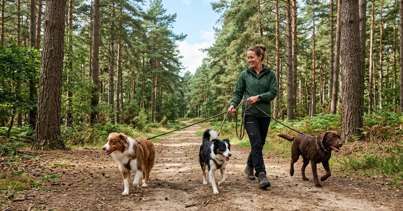 Handler walking three leashed dogs on a forest trail