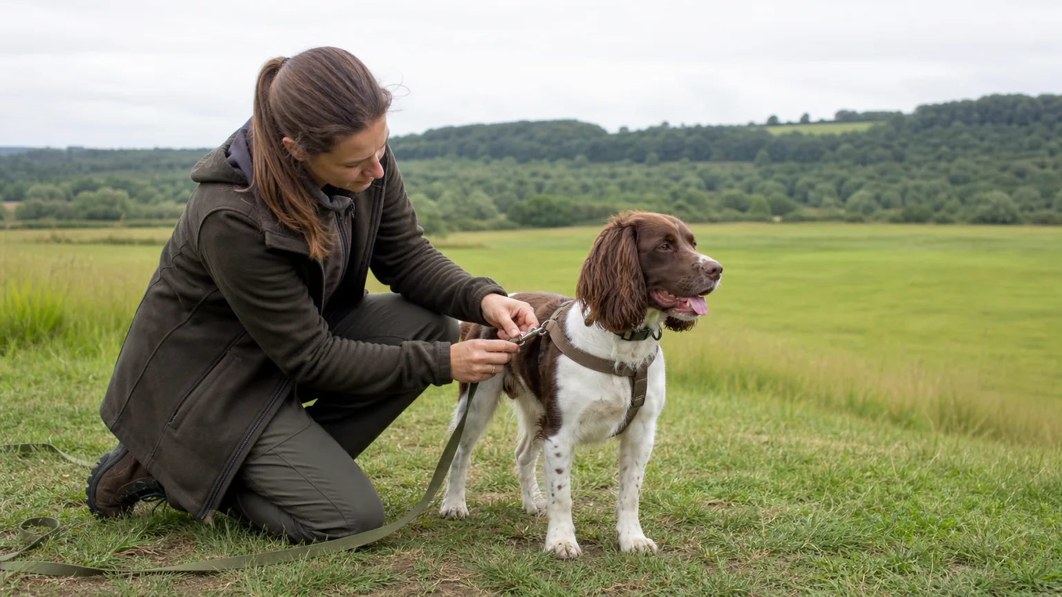 A woman clipping a long line to a spaniel in a meadow