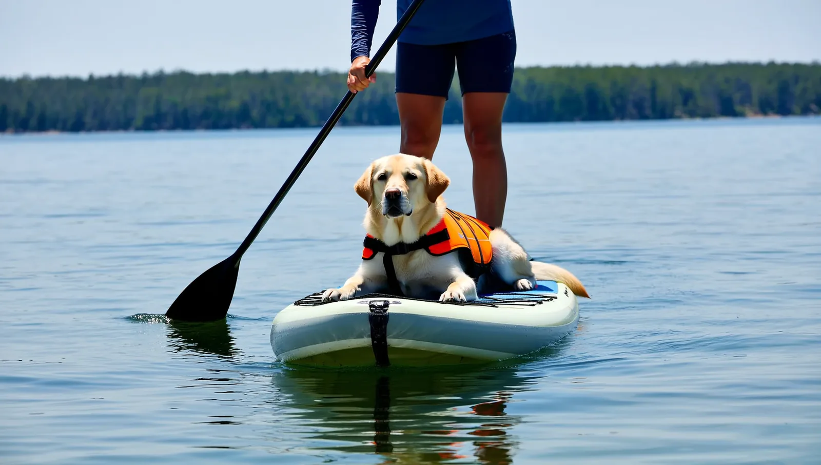 A labrador in an orange life jacket on a paddleboard