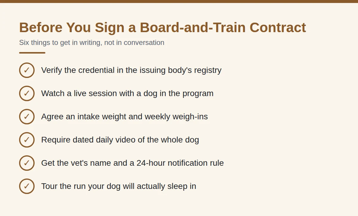 Summary card: Before You Sign a Board-and-Train Contract