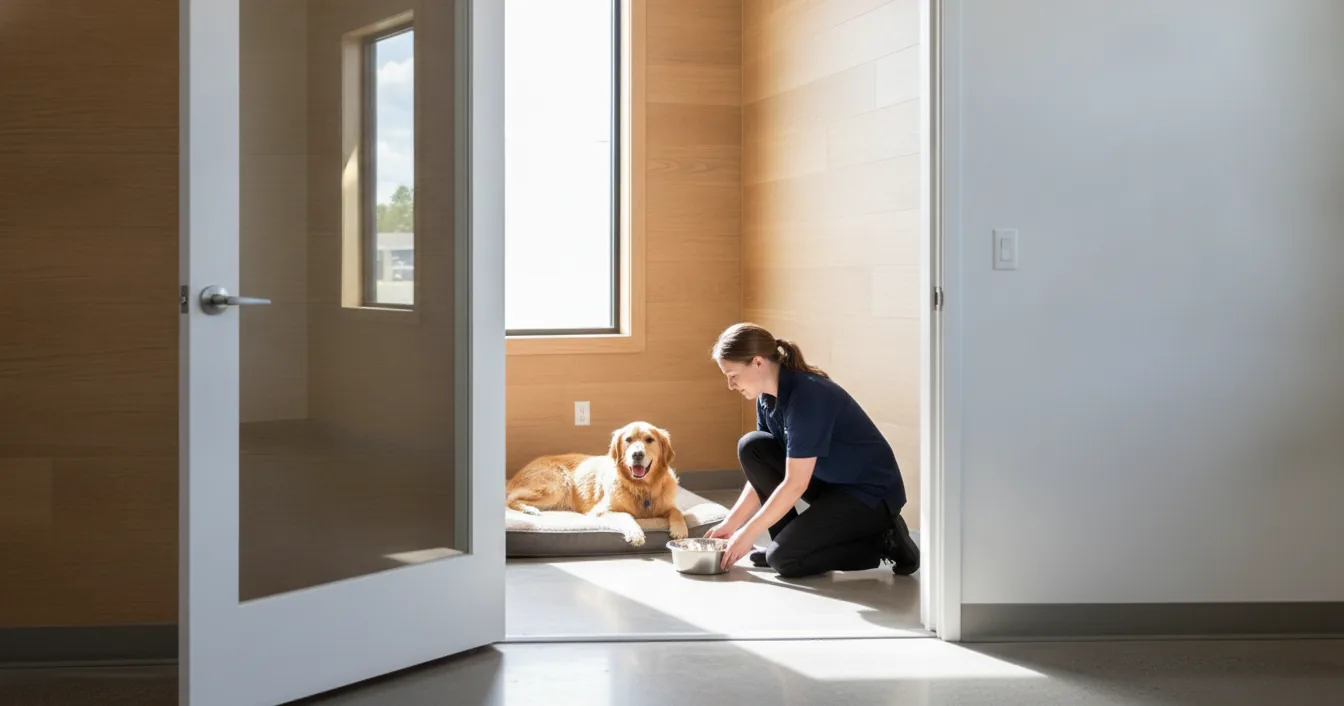 Staff member setting a food bowl beside a golden retriever