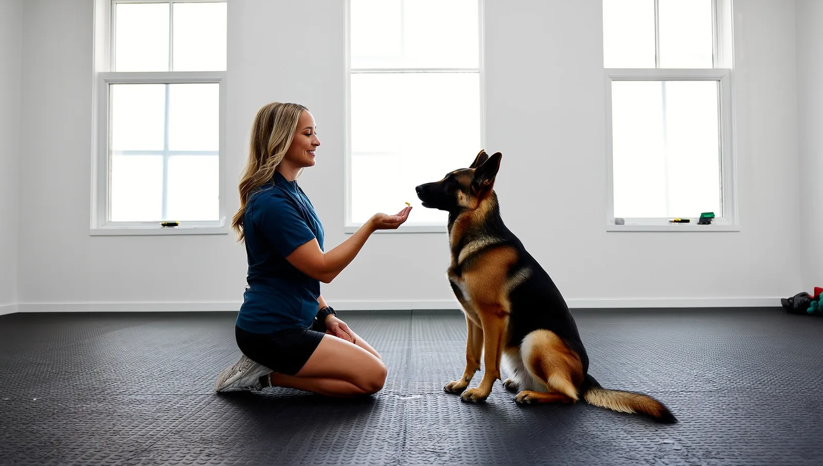 Trainer offering a treat to a sitting german shepherd