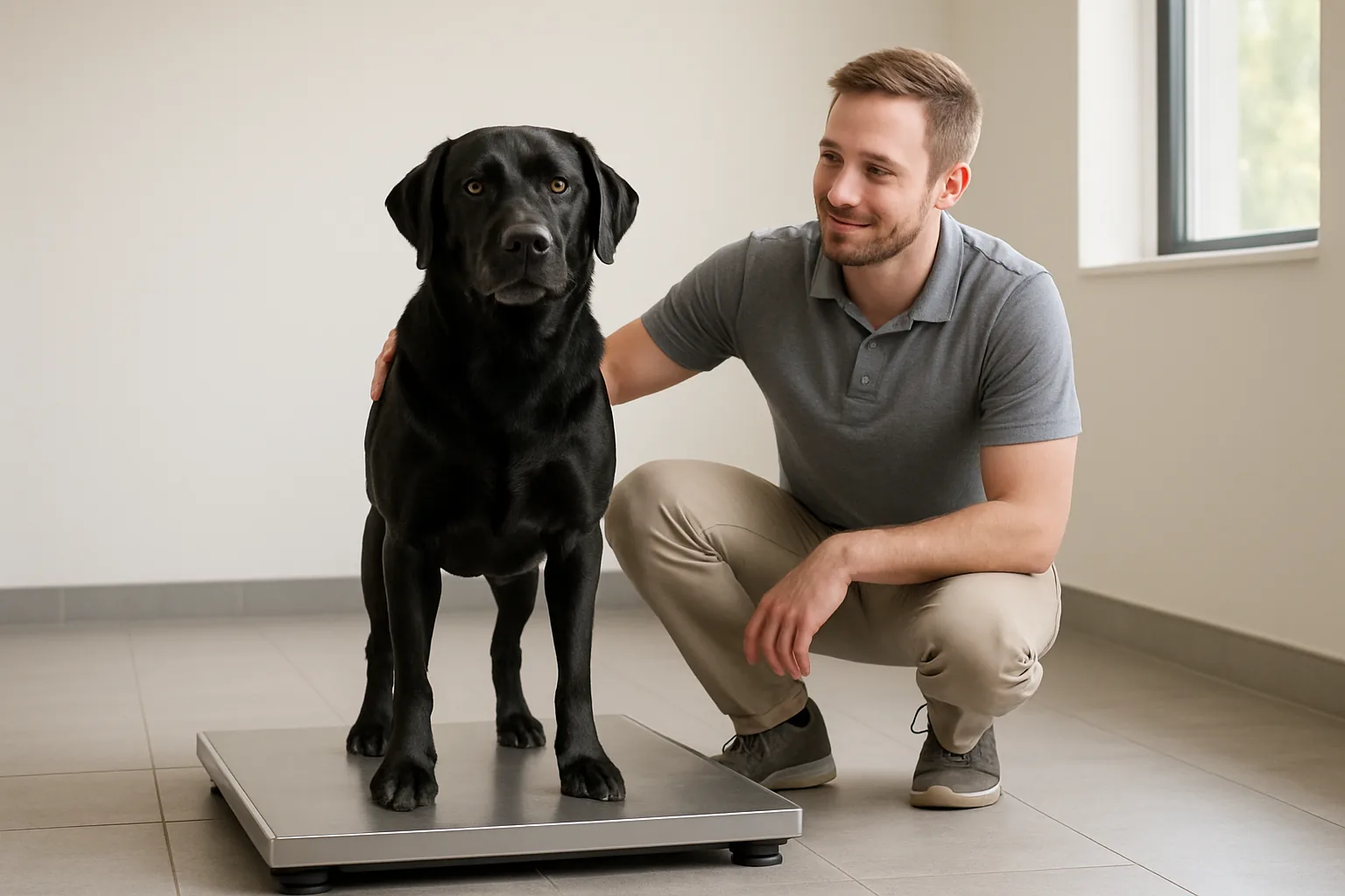 Black labrador standing on a floor scale beside a staff member