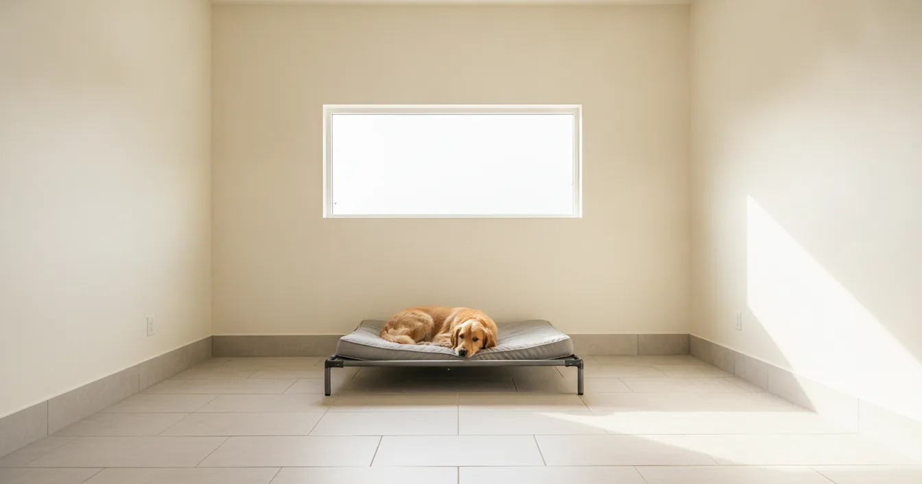 A single dog resting alone on a raised bed in a bright, quiet private boarding suite lit by a wide window.