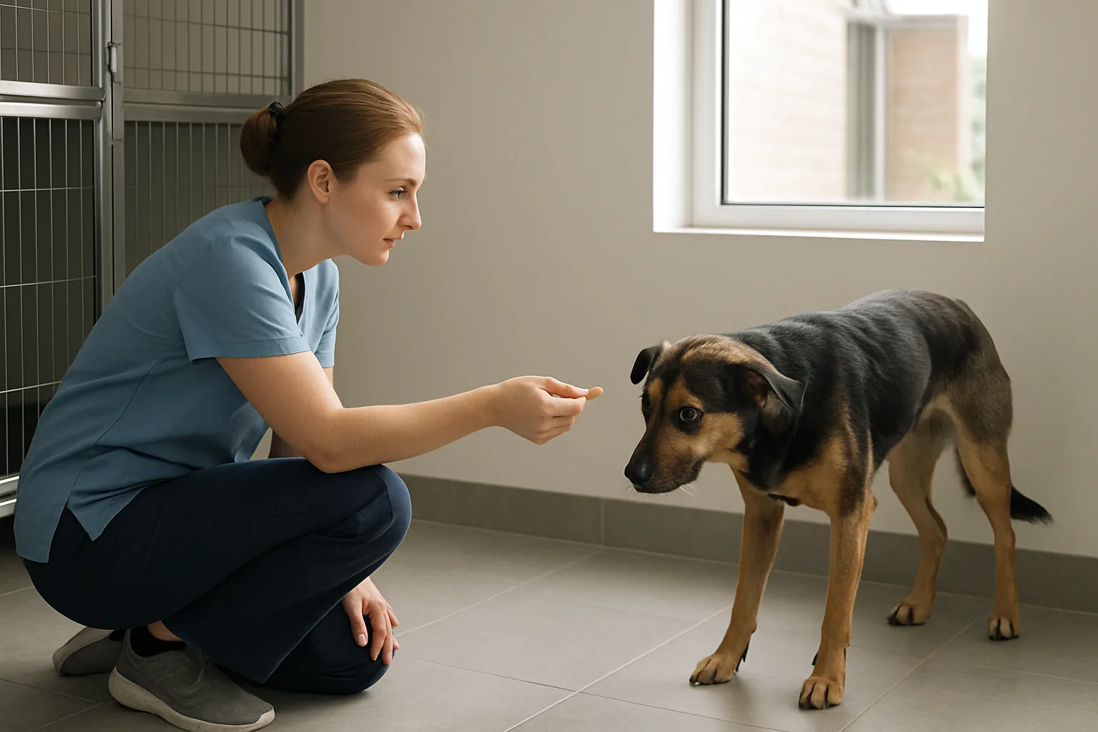 A caregiver crouching low and turned sideways, offering a treat at arm's length to a wary dog standing with its ears back.