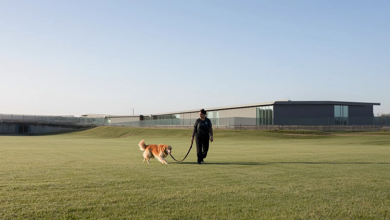 A caregiver walking a single leashed dog across an open lawn beside a modern boarding facility, with no other dogs nearby.