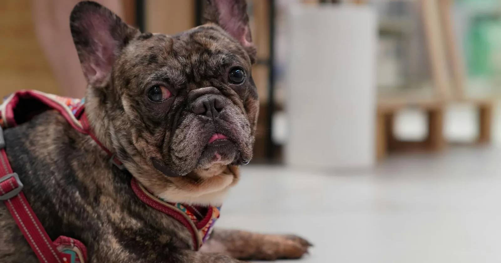 A brindle French Bulldog resting indoors in a harness.