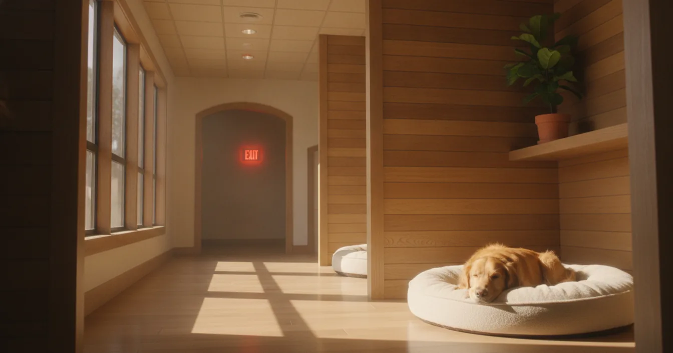 A modern boarding kennel corridor at night with a ceiling sprinkler head and smoke detector visible above the runs.