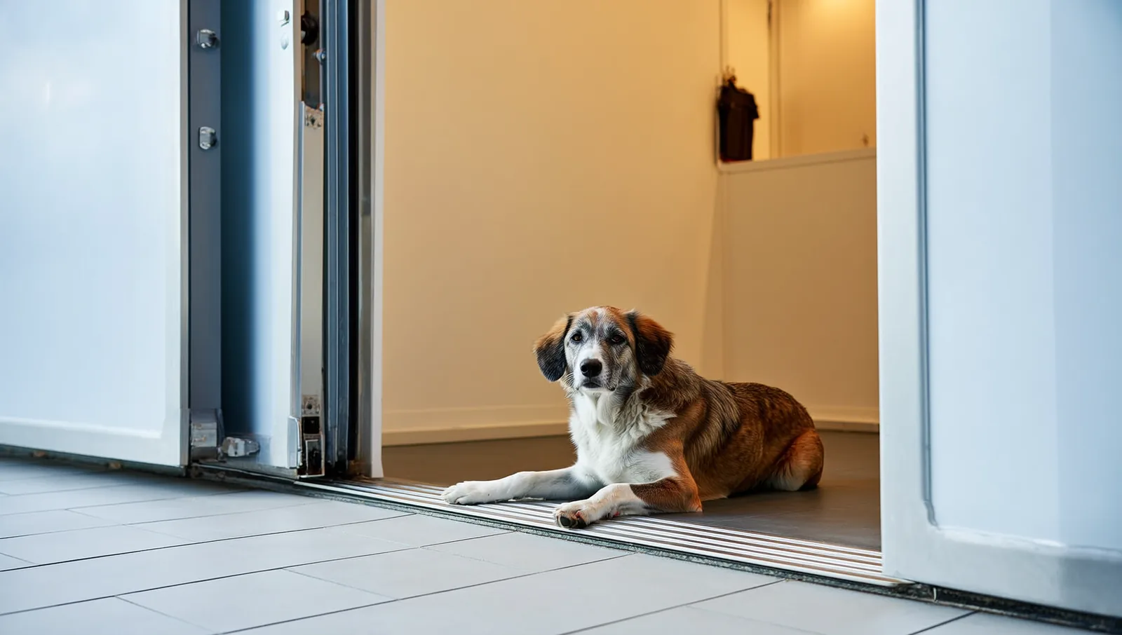 A relaxed medium-sized dog lying calmly inside a spacious open boarding suite with a low easy-open gate.