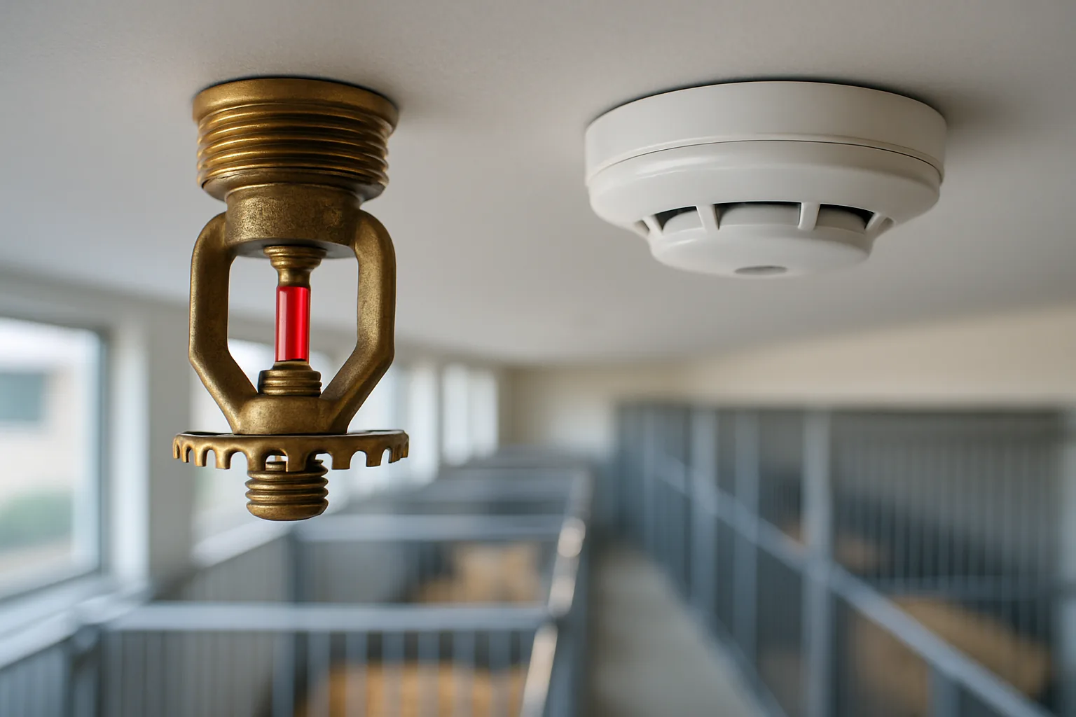 A brass fire sprinkler head and a round smoke detector mounted on the white ceiling of a clean animal housing facility.