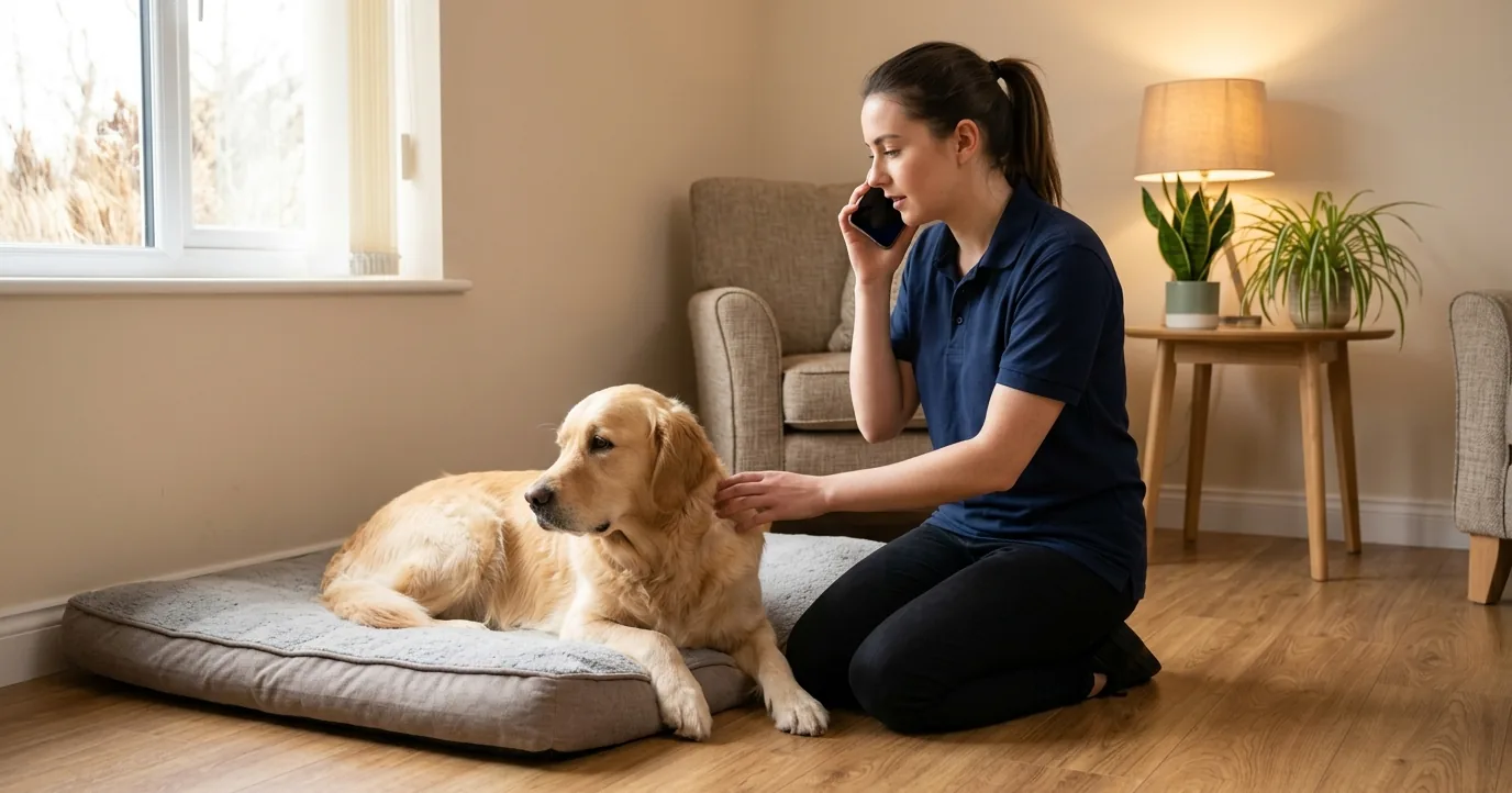 Staff member on the phone beside a golden retriever