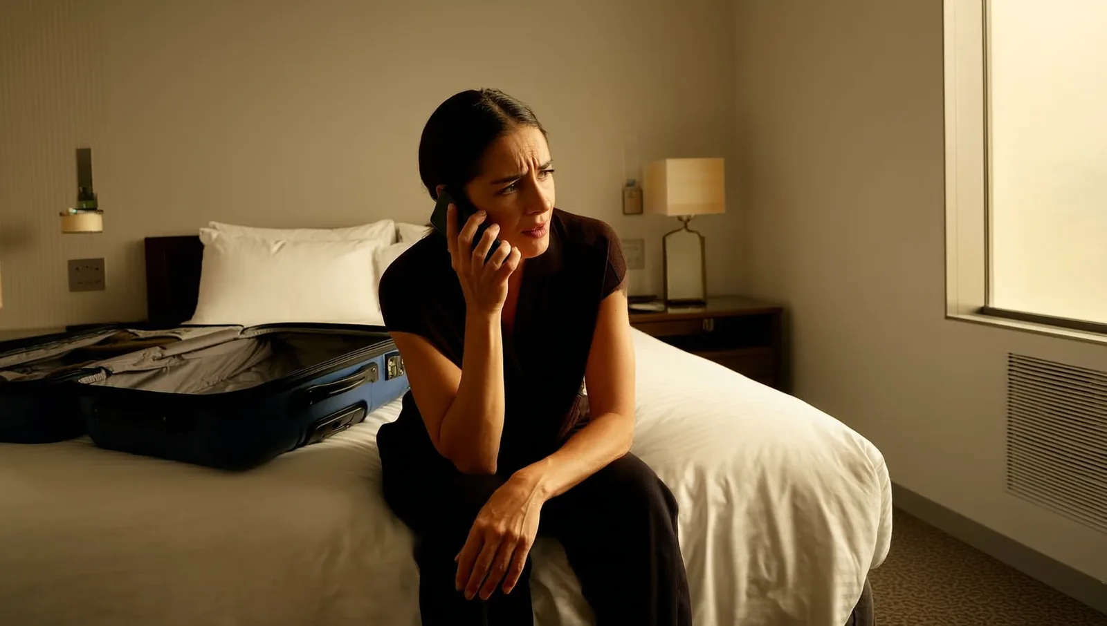 Woman on a phone call sitting on a hotel bed