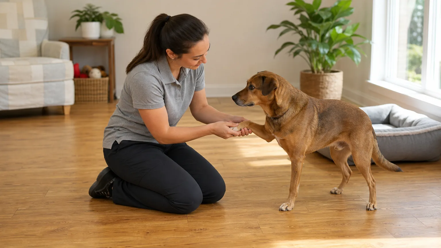 Attendant examining a brown dog's front paw