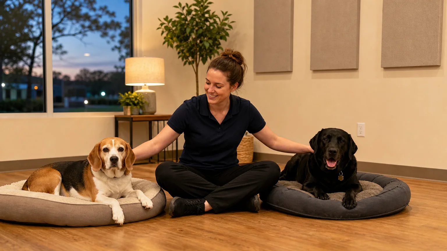 Staff member sitting with two dogs on dog beds