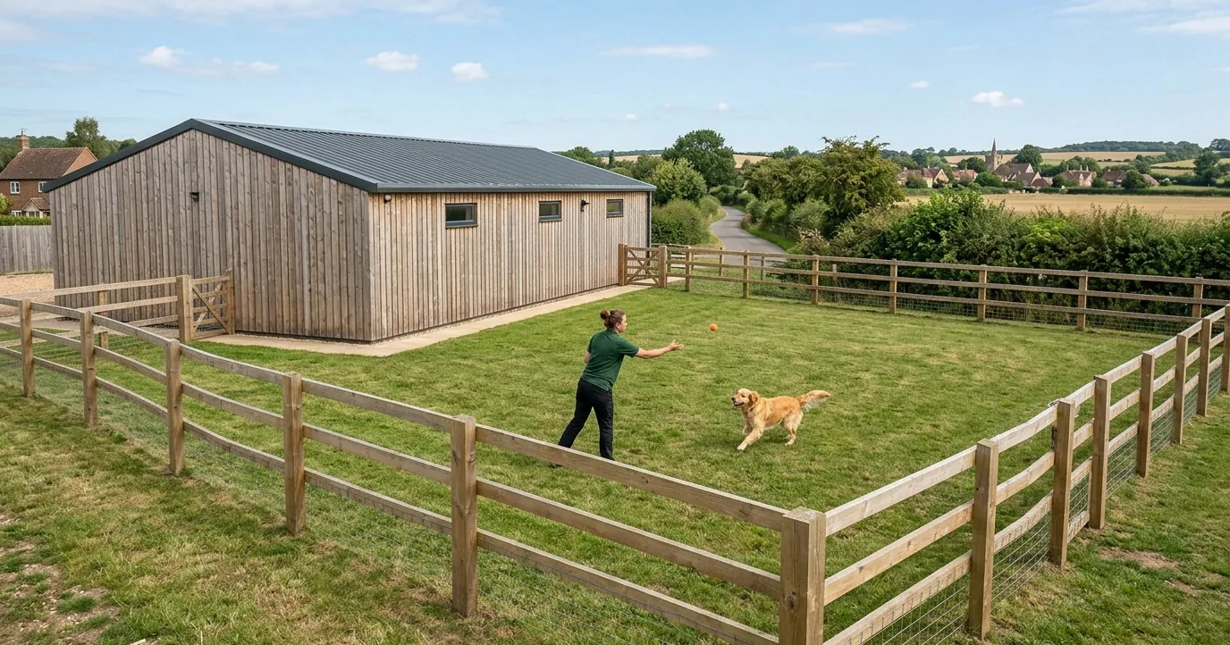 Handler throwing a ball to a dog in a fenced yard