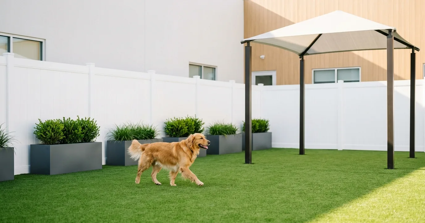Golden retriever trotting across a turf play yard