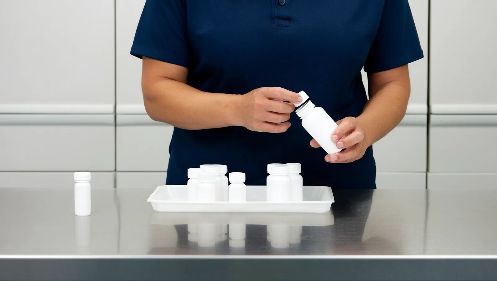 Staff member sorting white pill bottles into a tray