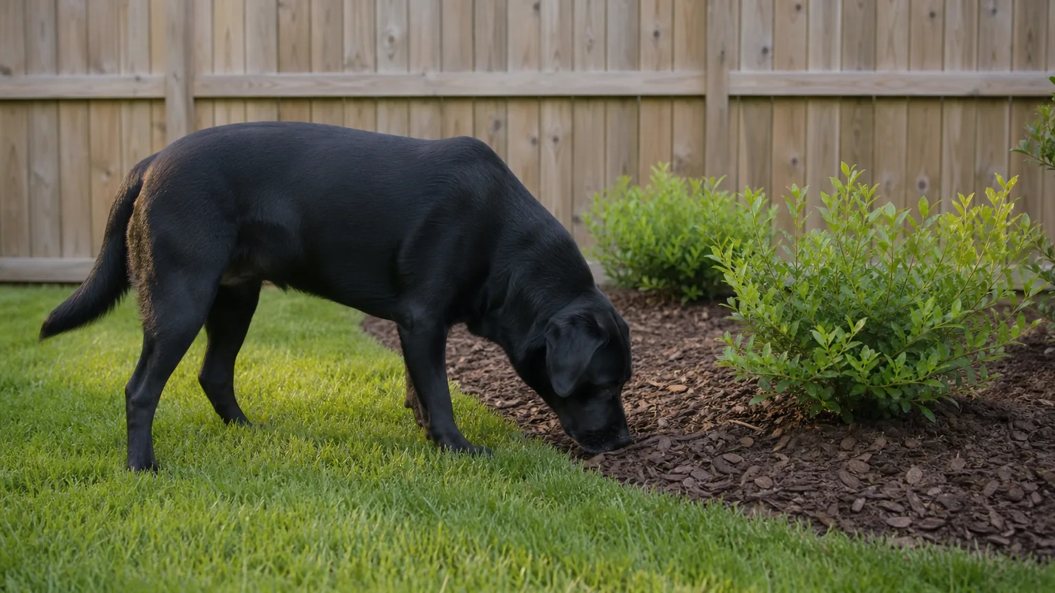 Black Labrador sniffing the edge of a bark mulch bed