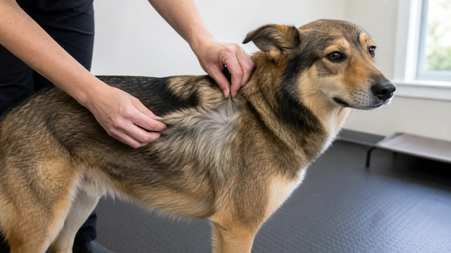 Hands parting a dog's coat to reveal the undercoat
