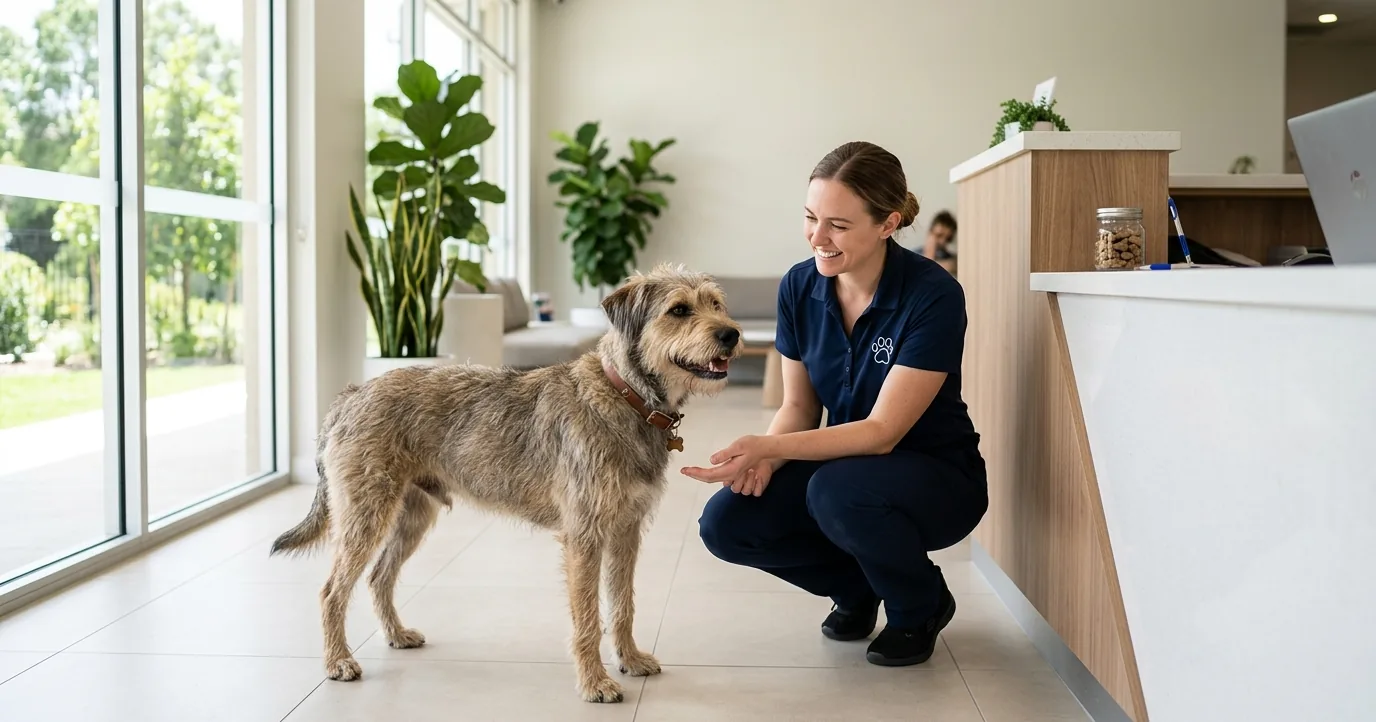 Scruffy mixed-breed dog greeting a staff member at a reception counter