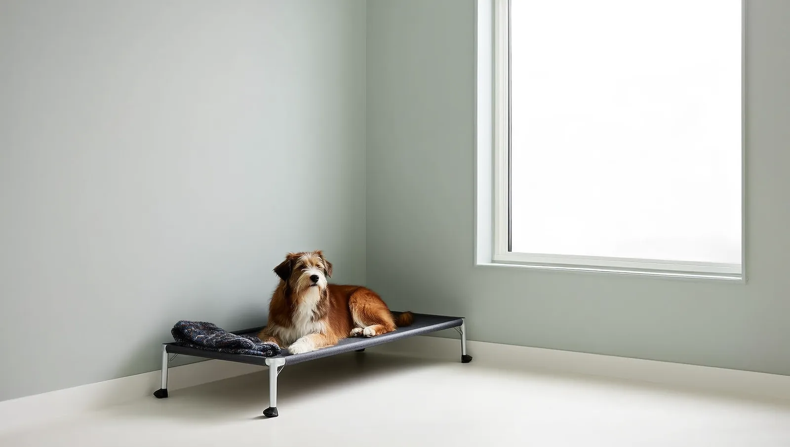 Shaggy mixed-breed dog resting on a raised cot