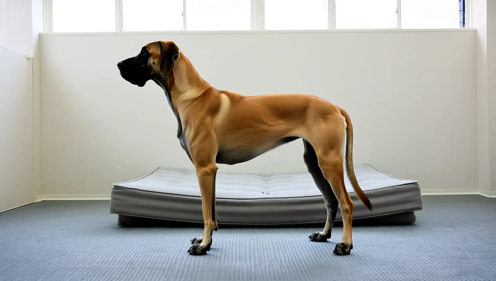 A Great Dane standing in a spacious indoor boarding room with rubber matting and a large floor bed.