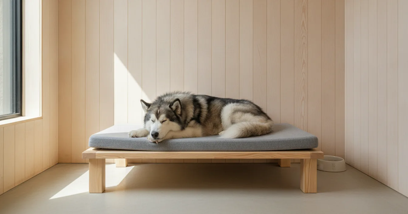 A thick-coated northern breed dog resting on a raised bed in a bright, modern boarding suite.