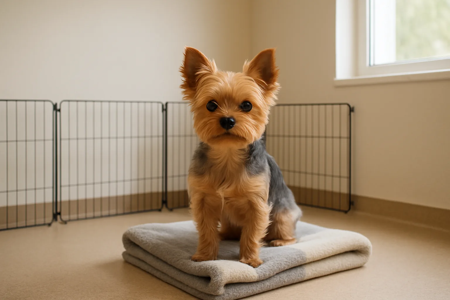 A small Yorkshire Terrier standing on a folded fleece blanket in a bright, quiet small-dog boarding room.