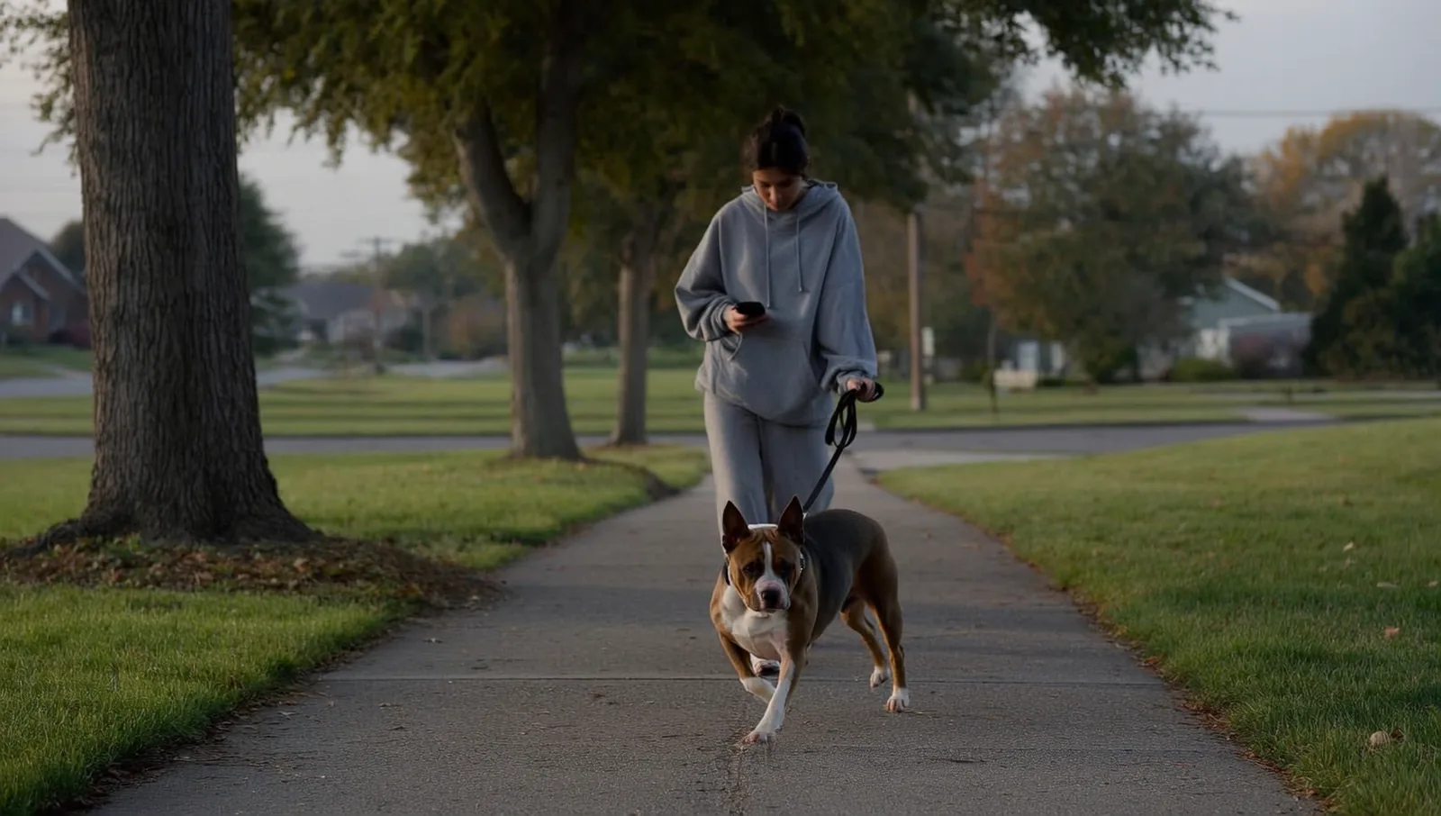 Dog pulling ahead of a walker looking at a phone
