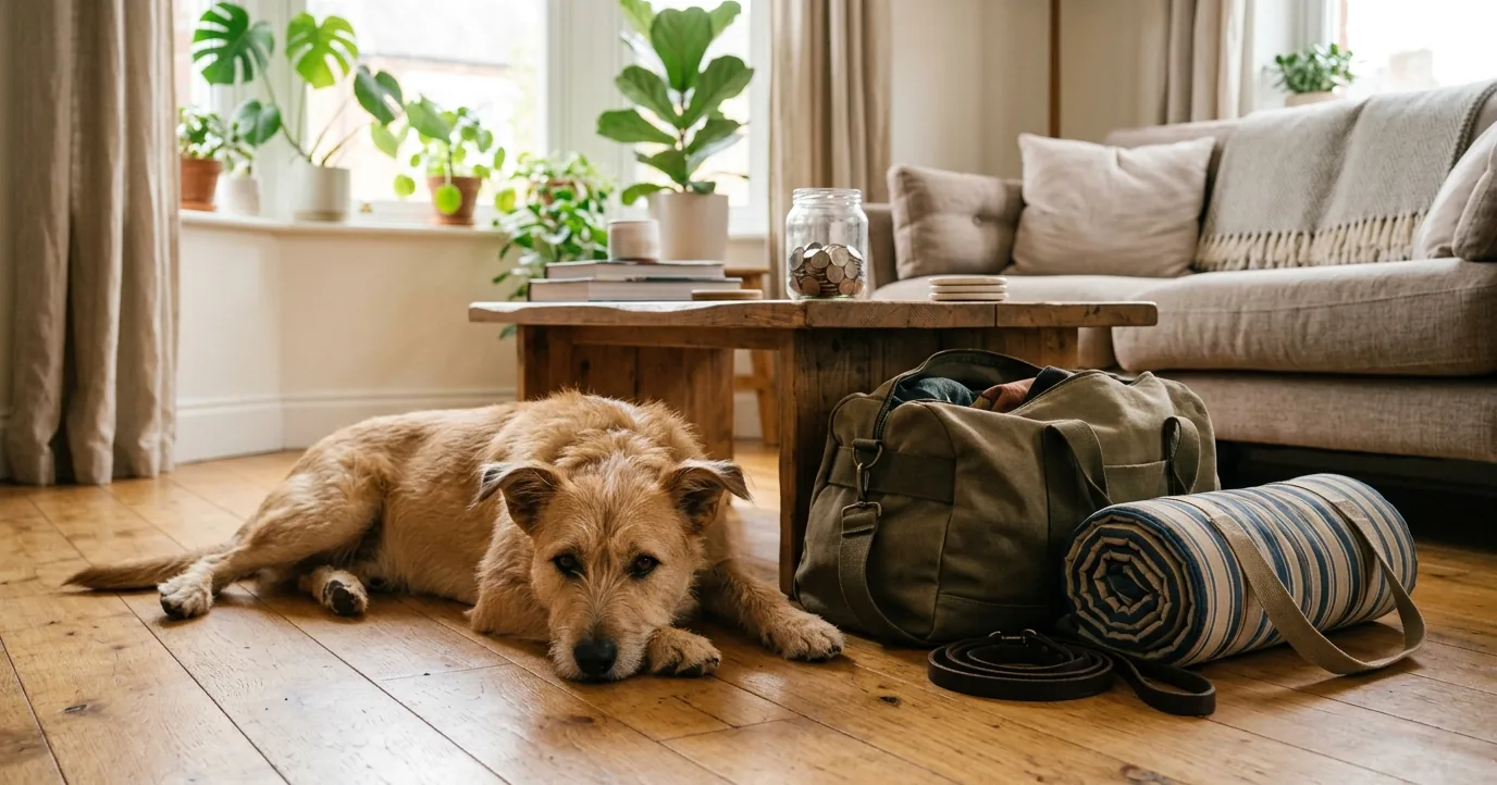 Dog lying near a packed bag and a jar of coins
