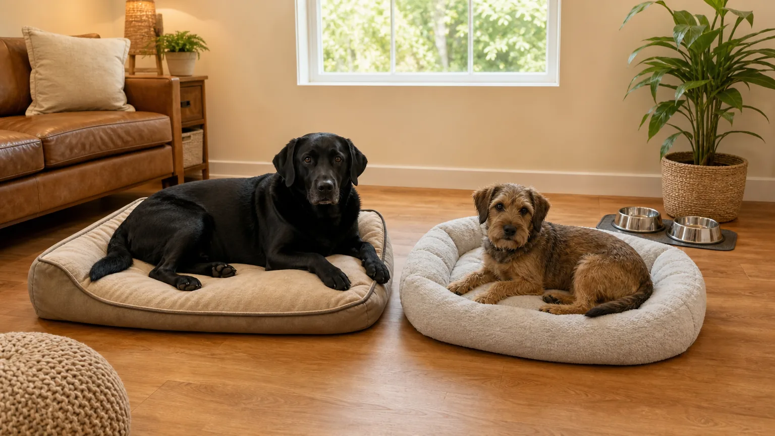 Two dogs resting on separate beds in one room