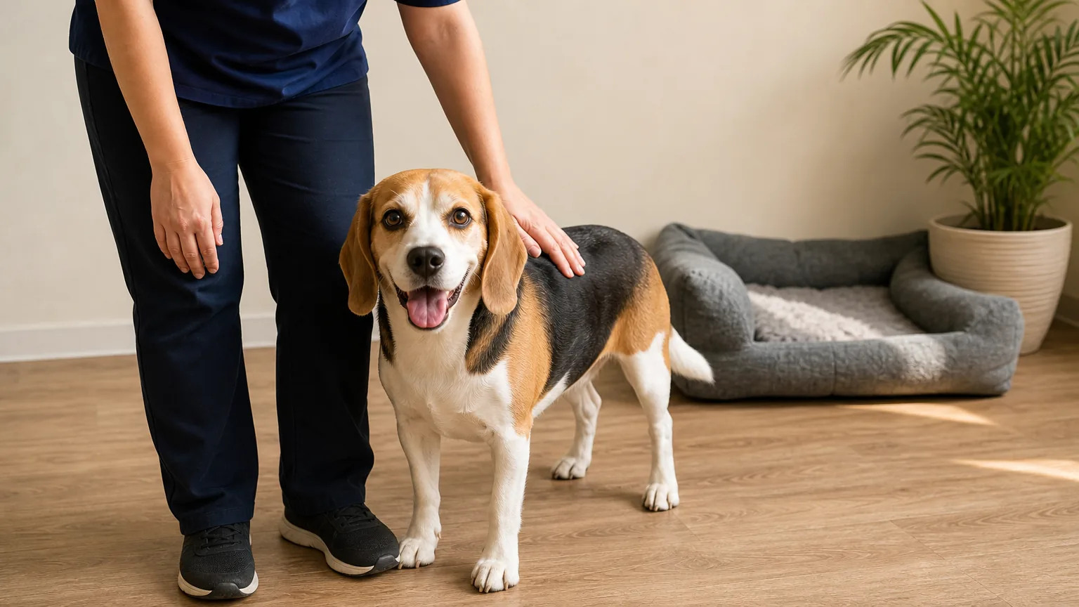 Staff member standing beside a beagle in a boarding suite