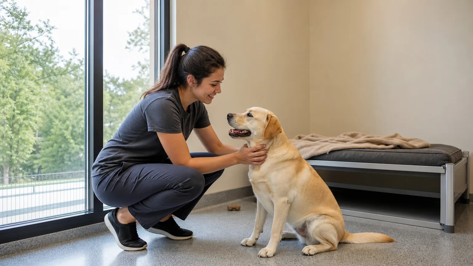 Handler crouching to greet a labrador in a boarding suite