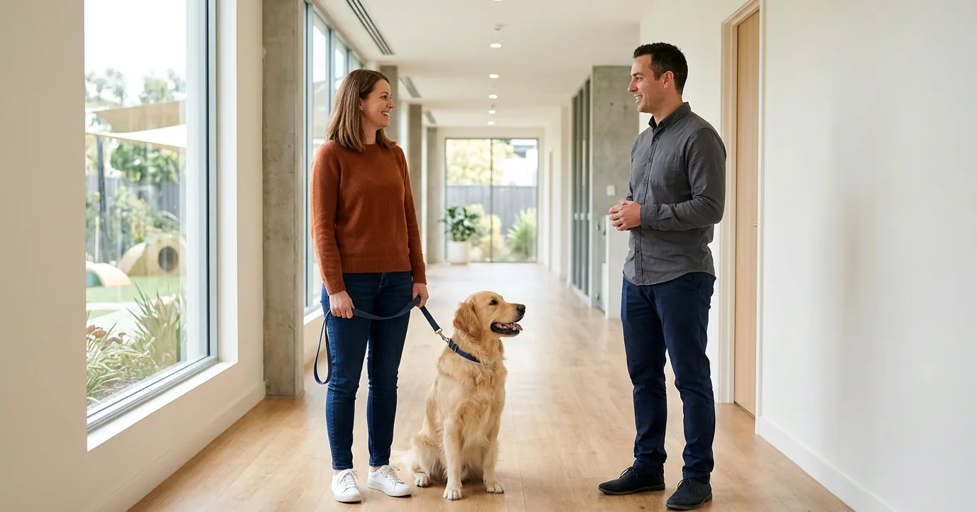 Owner and kennel manager talking beside a golden retriever