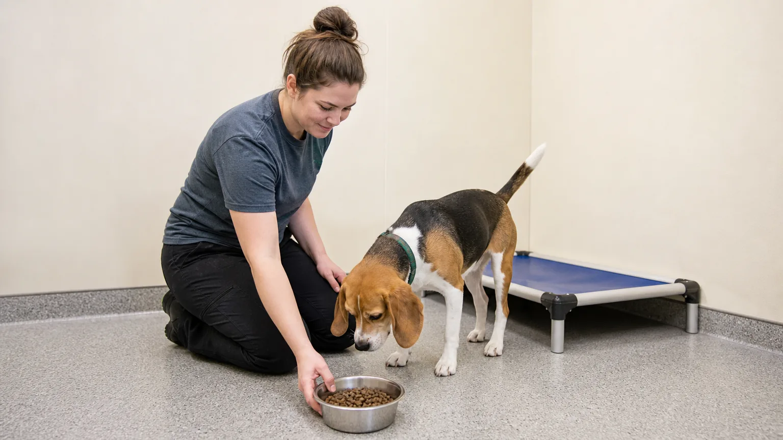 Worker setting a bowl of kibble down for a beagle