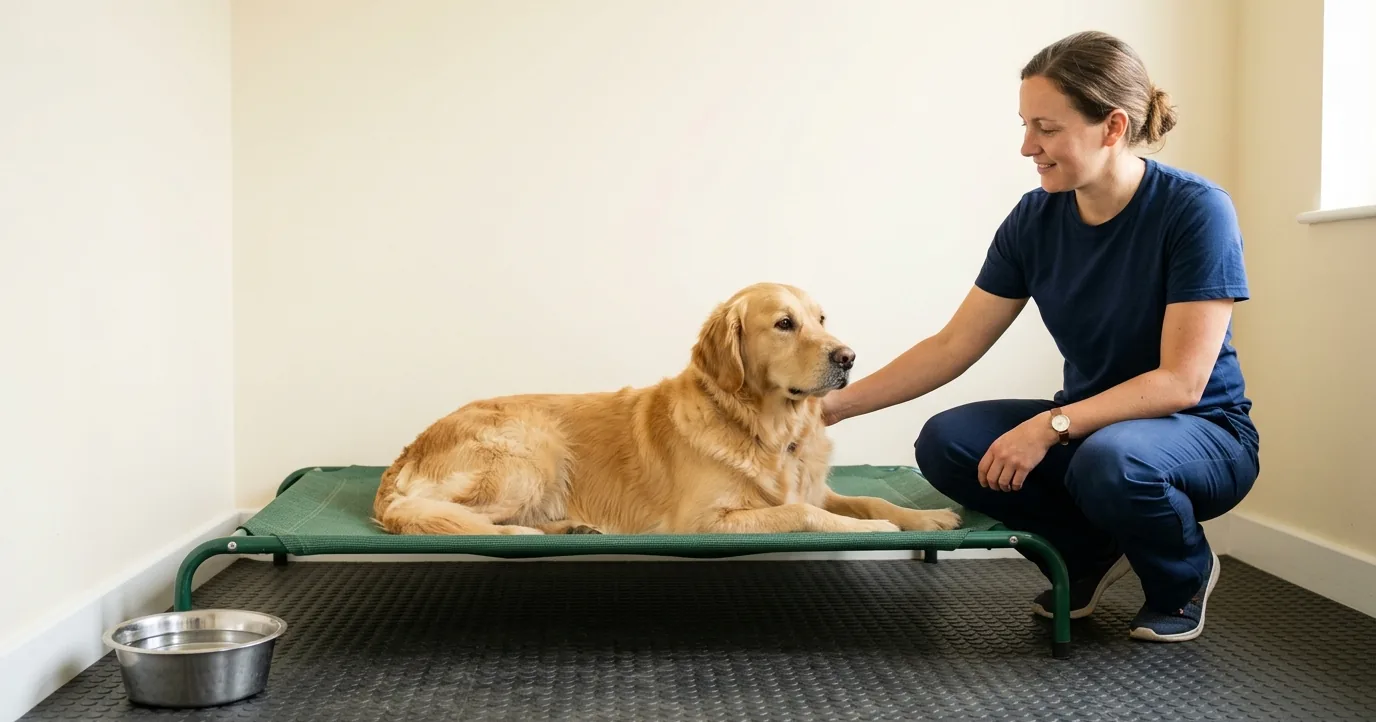 Handler crouched beside a golden retriever on a cot bed