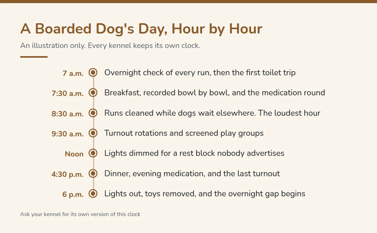 Summary card: A Boarded Dog's Day, Hour by Hour