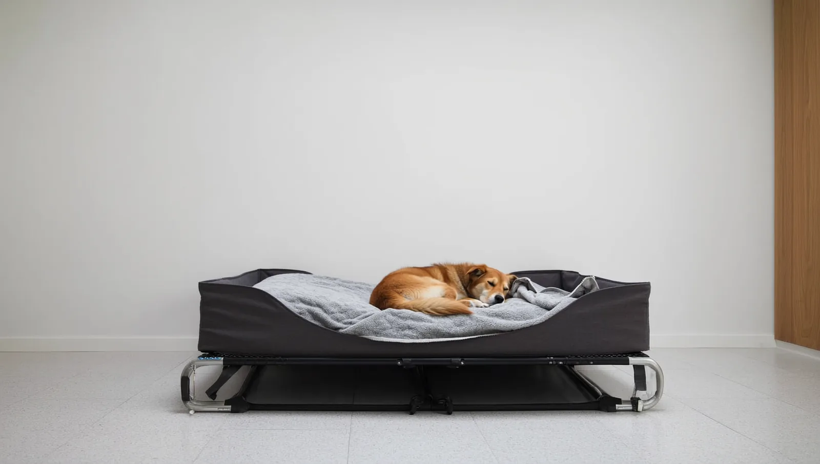 Dog curled asleep on a raised cot bed in a suite