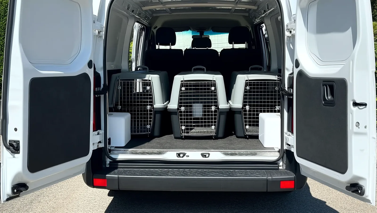 Three enclosed plastic pet carriers loaded side by side in the open cargo area of a white van.