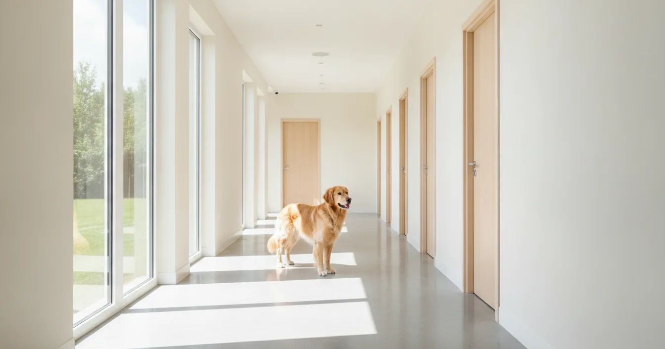 A golden retriever standing alone in the bright, sunlit corridor of a modern dog boarding facility lined with suite doors.