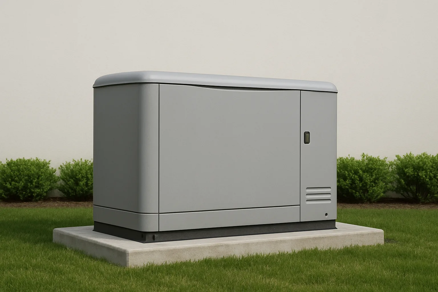 A grey standby generator on a concrete pad beside the plain exterior wall of a single-story building.