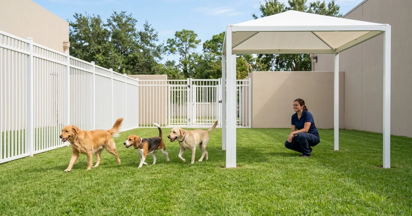 Three dogs trotting across a grass play yard beside a staff handler