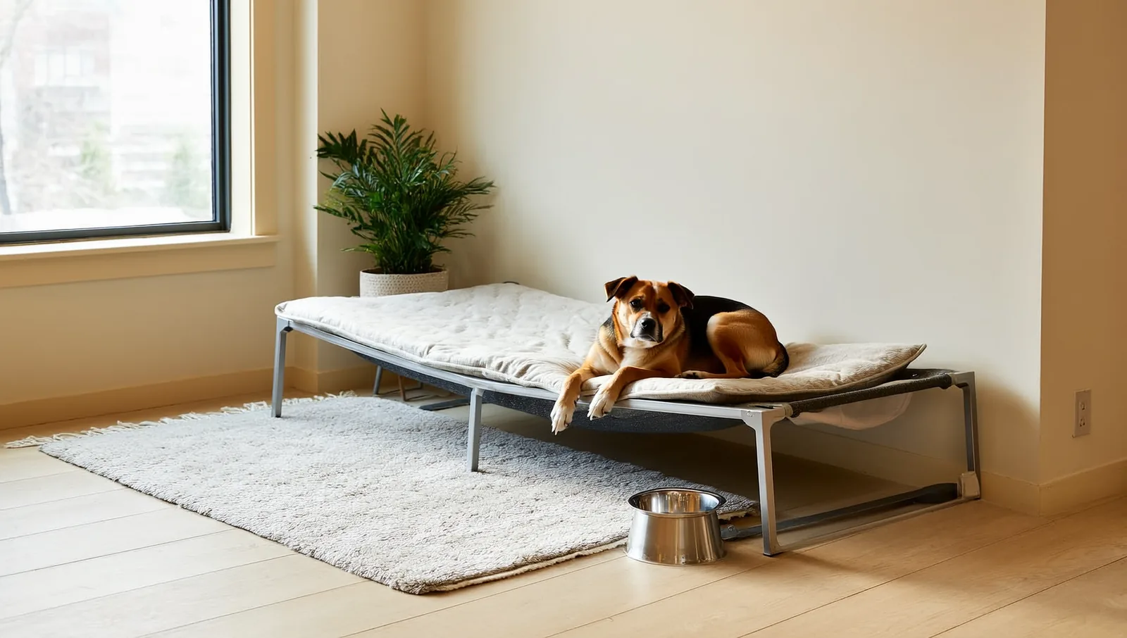 A dog resting on a raised bed in a bright rest room
