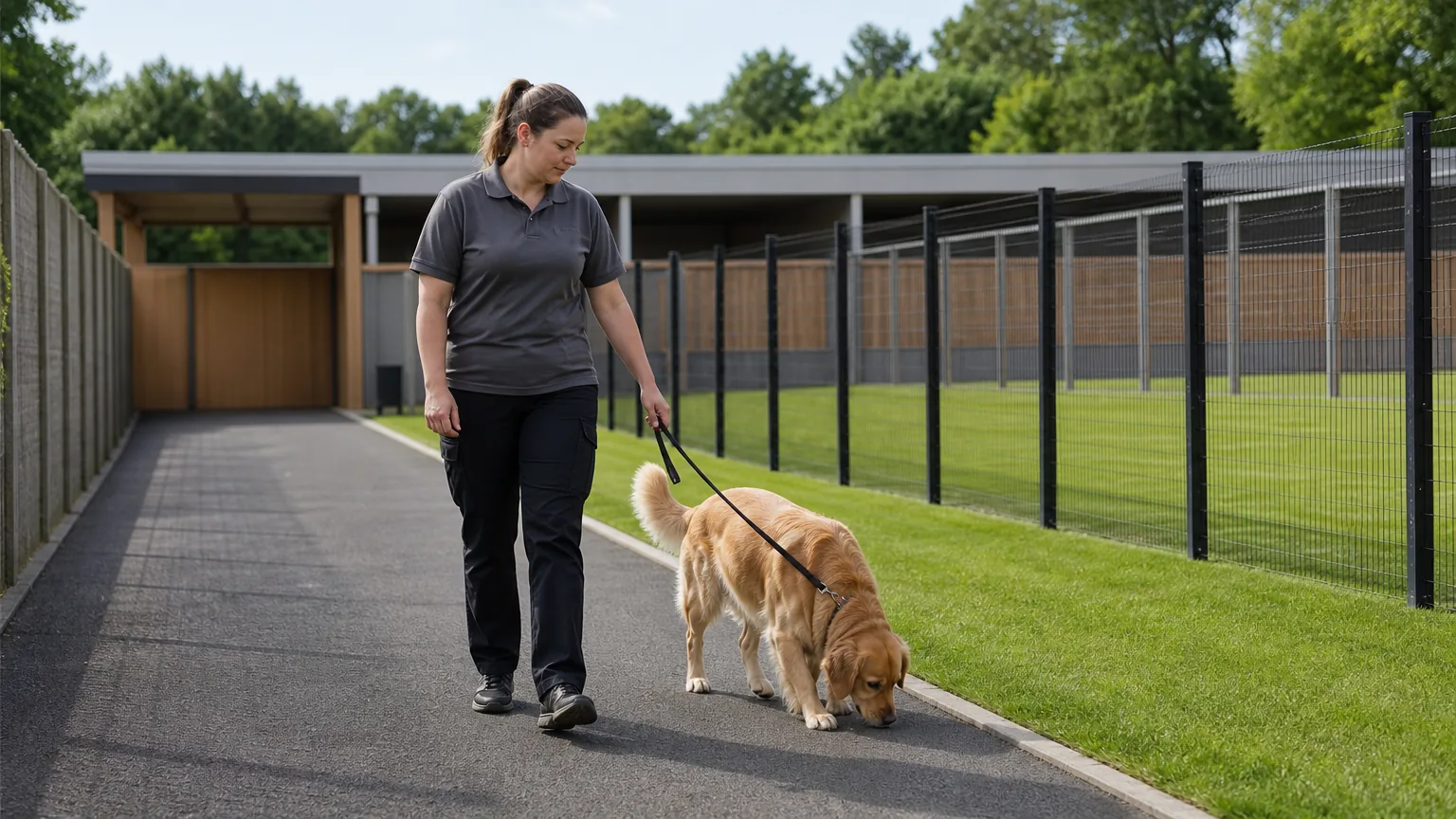 A handler walking one dog on a loose leash beside a fenced paddock