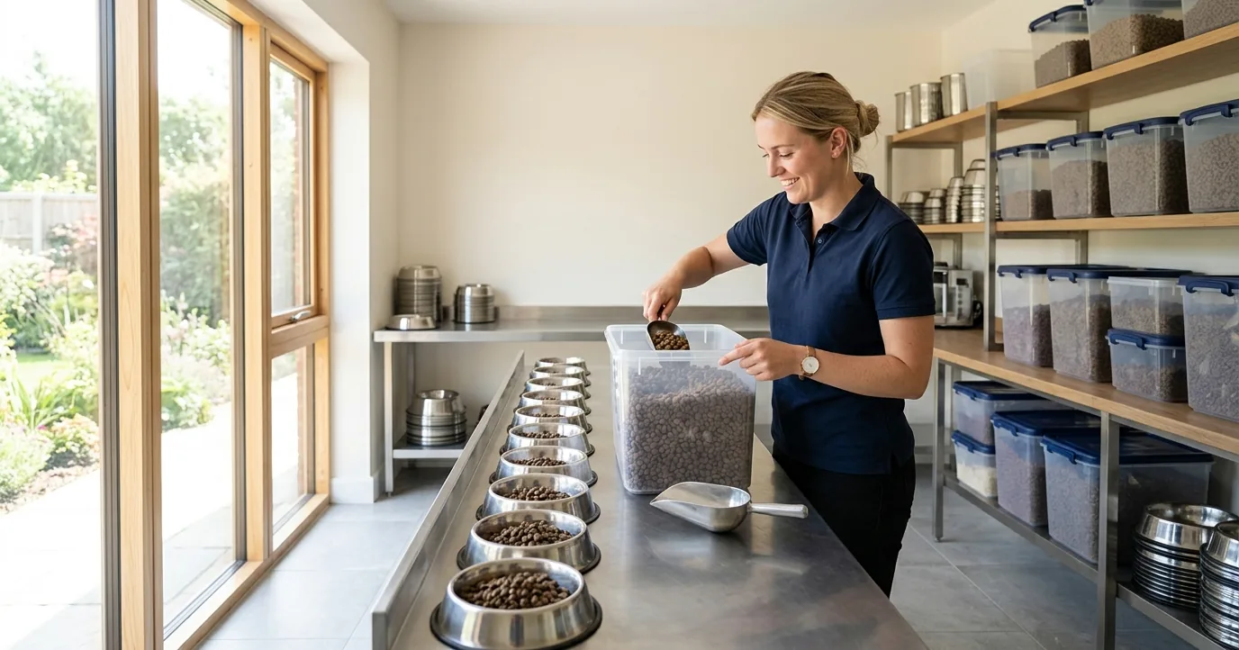 Staff member filling stainless steel dog bowls in a kennel prep room