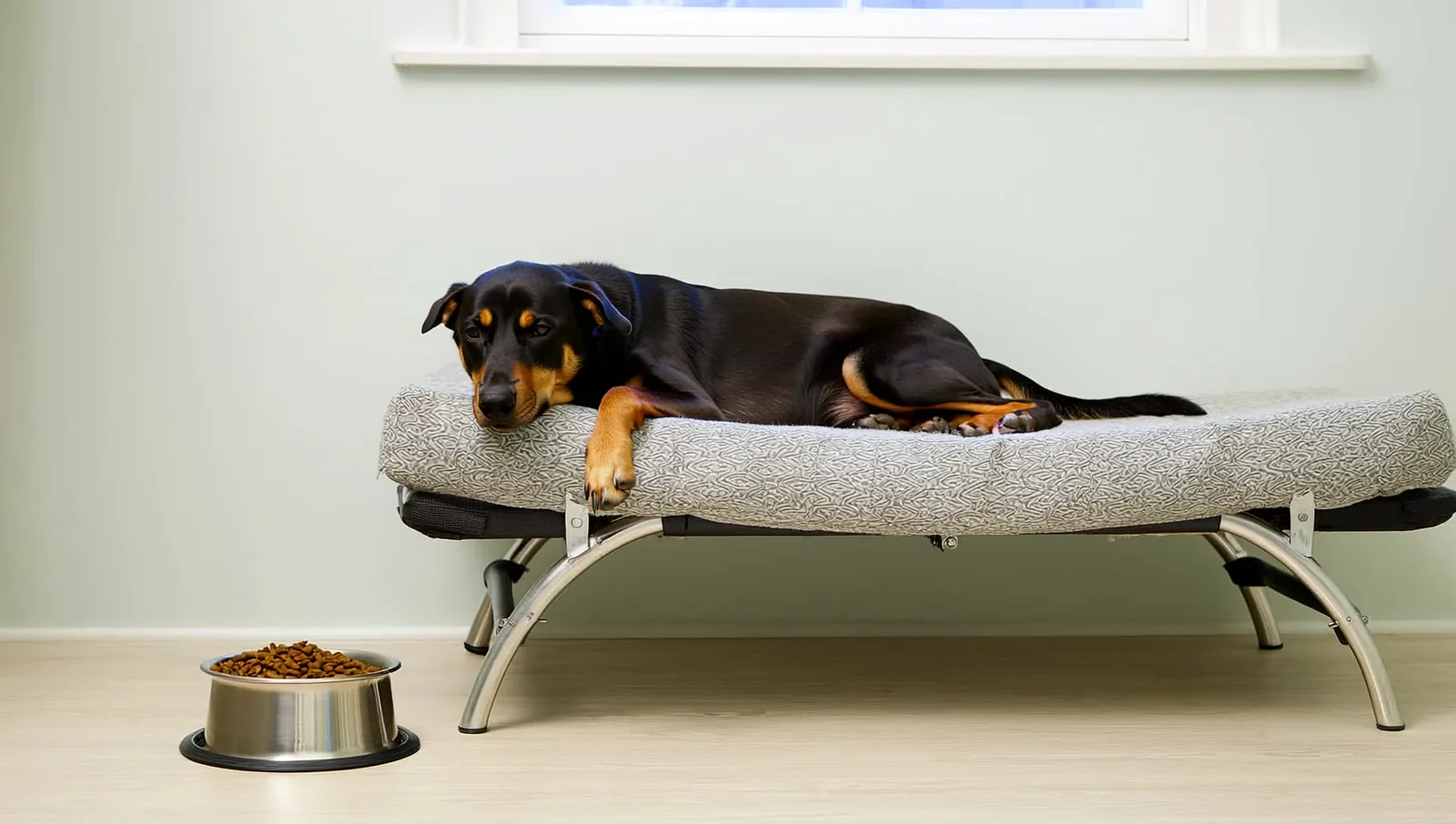 A black and tan dog resting beside an untouched bowl of food
