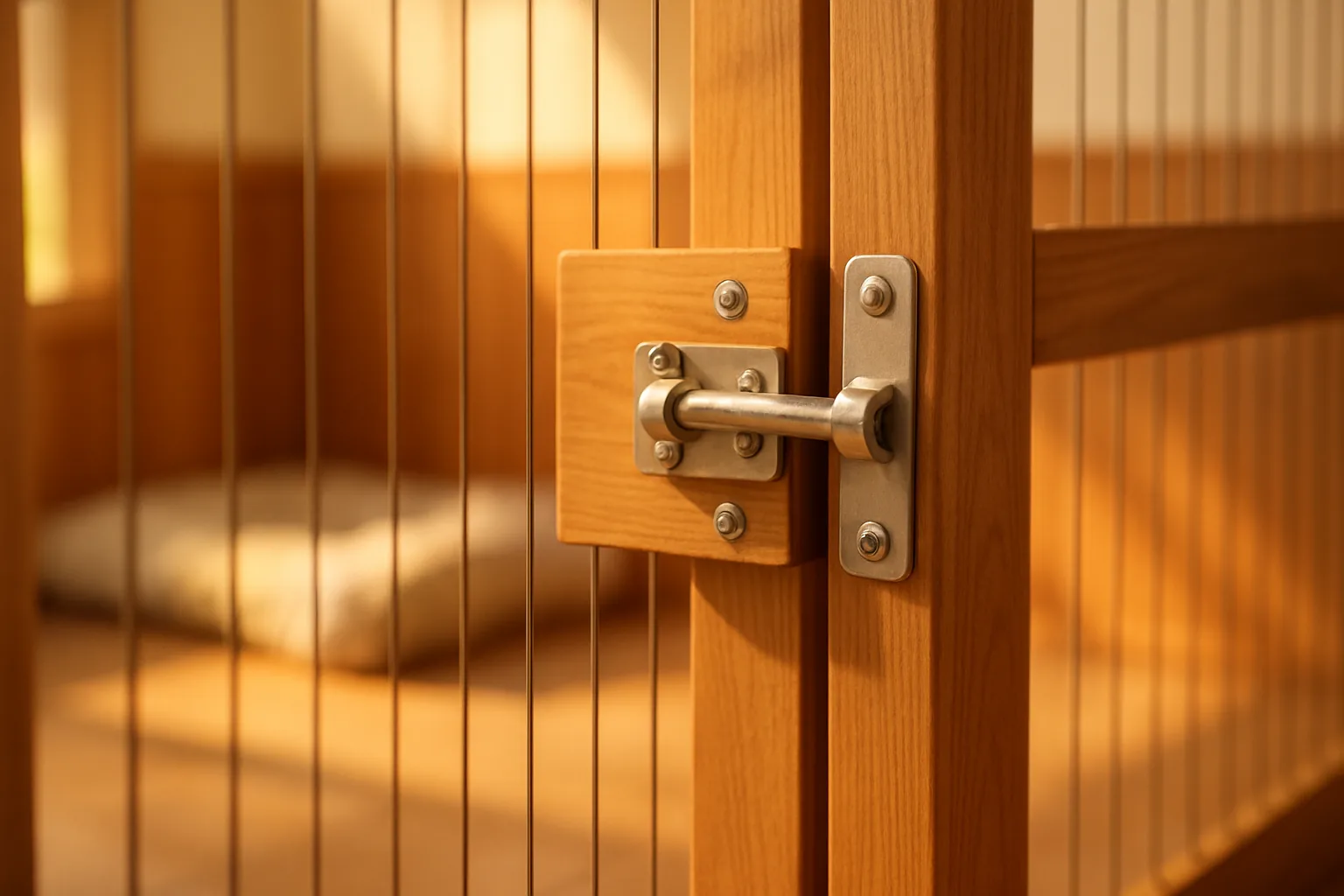 A heavy-duty spring-loaded latch securing the gate of a dog kennel run.