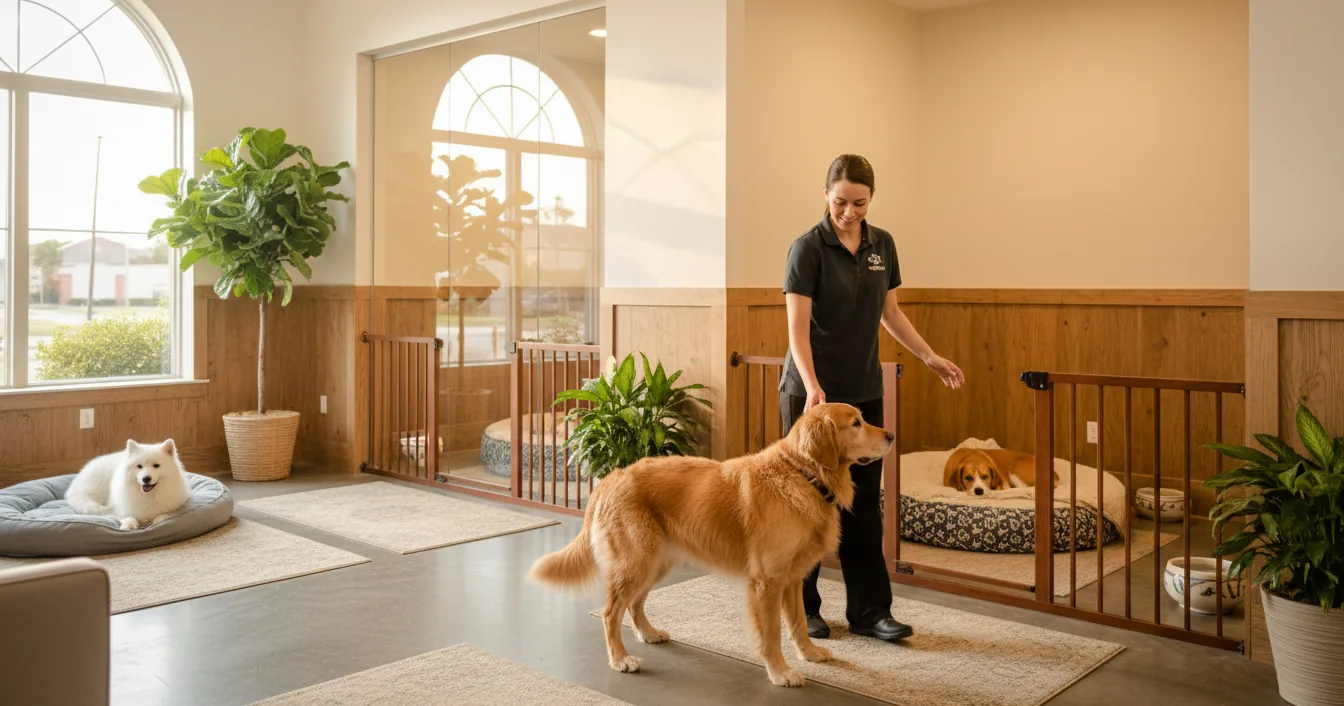 A clean, modern indoor dog boarding kennel aisle with rows of secure runs.