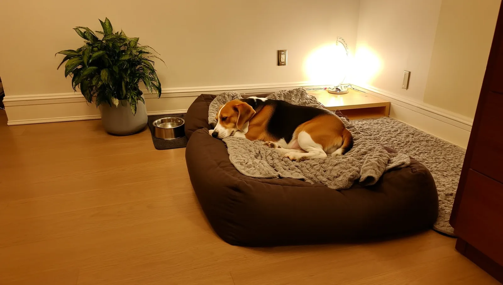 Beagle asleep on a dog bed with a blanket
