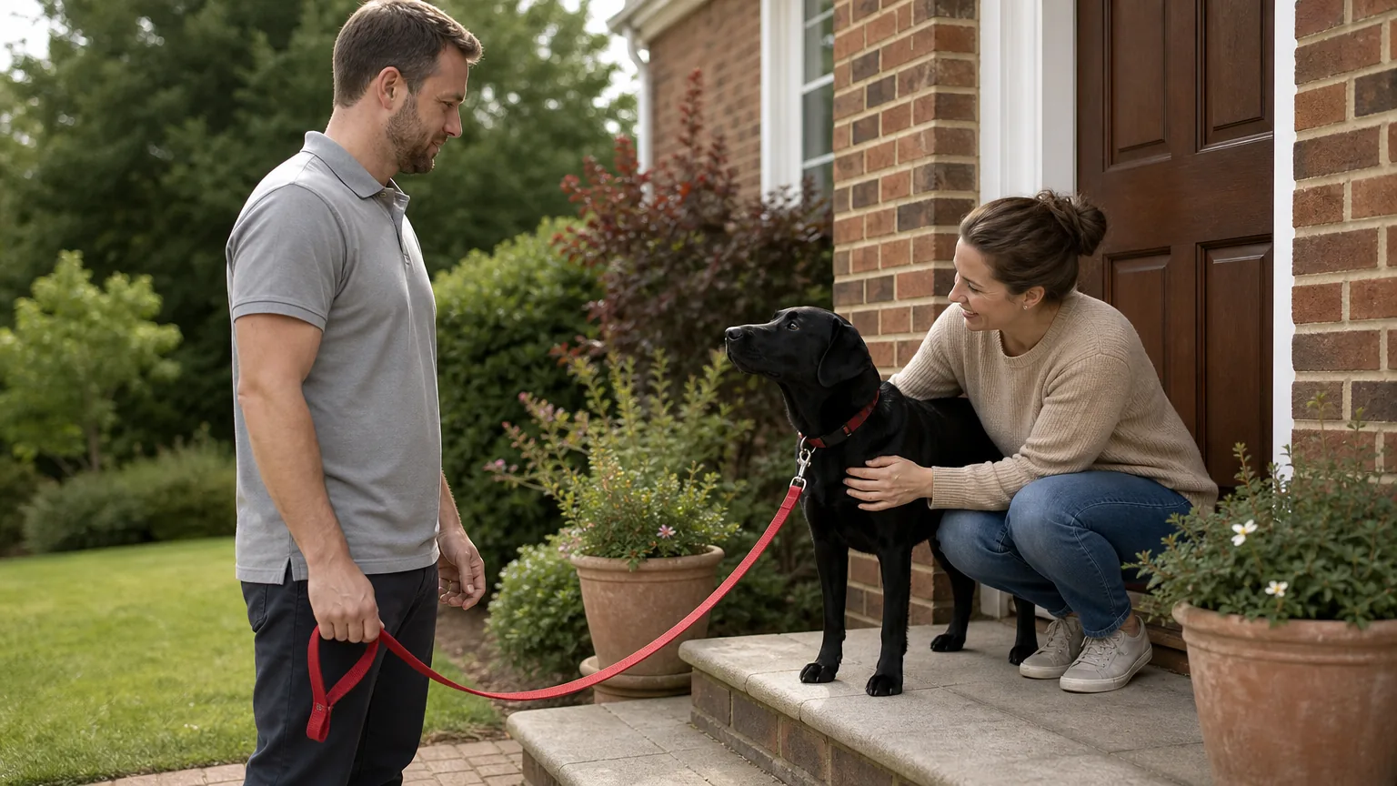 Handler collecting a black Labrador from its owner